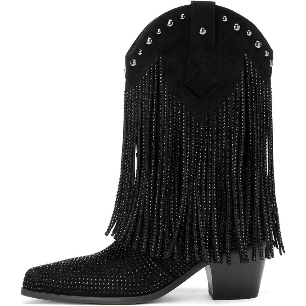 Women's Black Rhinestone Fringe Cowgirl Ankle Boots Sparkly Western Cowboy Boot